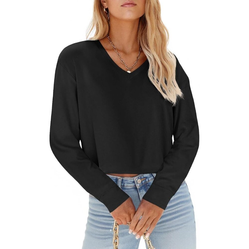 Womens Cropped V Neck T Shirt Casual Basic Summer Half Sleeve Top Small